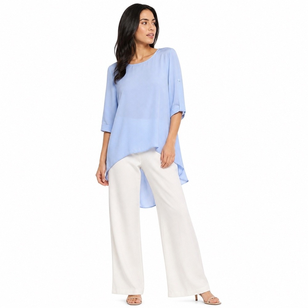 Chico's Women Blue Asymmetrical Hem Blouse M Minimalist Lagenlook Capsule